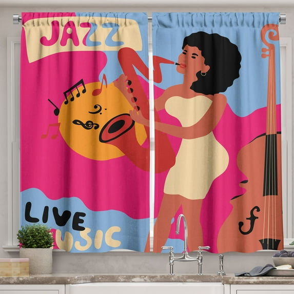 Ambesonne Saxophone Kitchen Curtains, Jazz Musician Afro Lady, 55"x36", Hot Pink and Multicolor