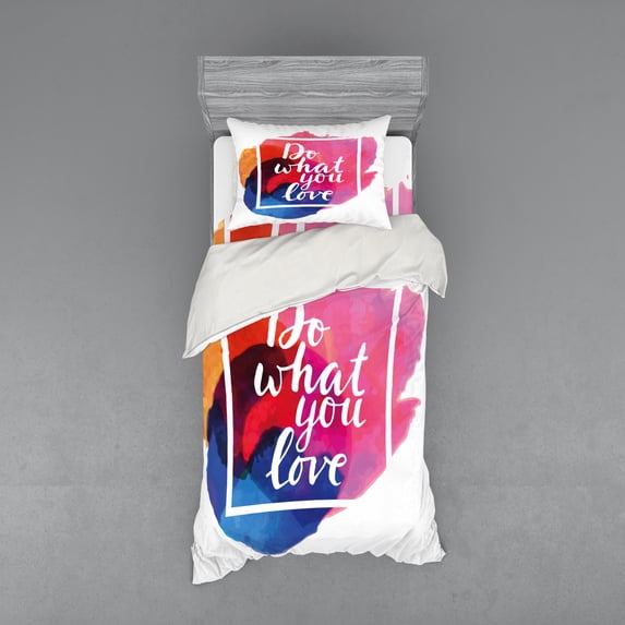 Ambesonne Saying Bedding Set 3 Pcs, Contemporary Theme Love Work, Twin XL, Multicolor