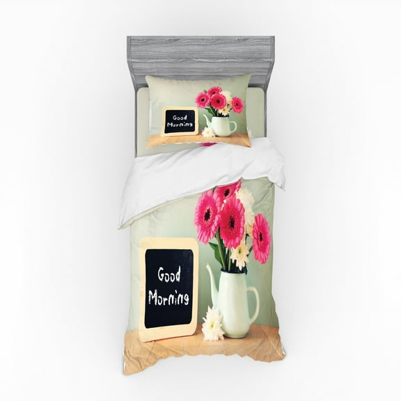 Ambesonne Saying Bedding Set 3 Pcs, Fresh Flowers Morning, Twin XL, Multicolor