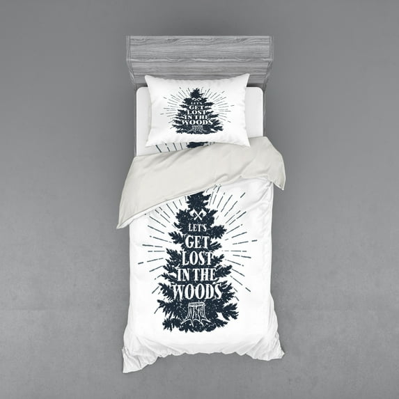 Ambesonne Saying Bedding Set 3 Pcs, Lets Get Lost in the Woods, Twin, Dark Night Blue White