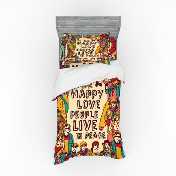 Ambesonne Saying Bedding Set 3 Pcs, Love Peace, Twin XL, Multicolor