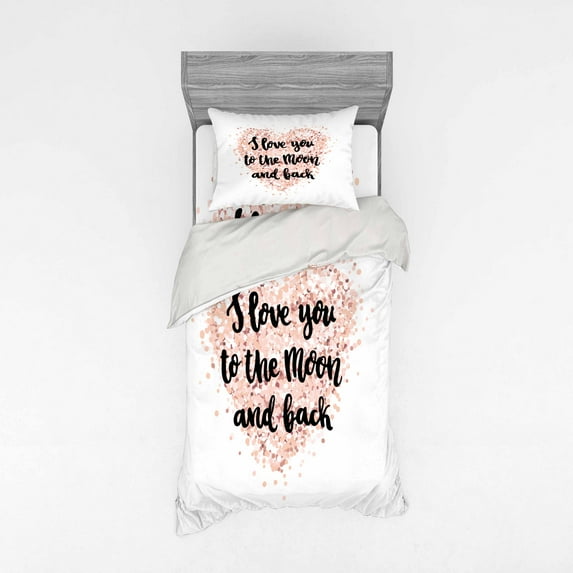 Ambesonne Saying Bedding Set 3 Pcs, Love Words on Dotwork Heart, Twin XL, Blush Pale Ruby Black