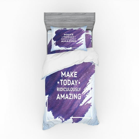 Ambesonne Saying Bedding Set 3 Pcs, Make Today Text, Twin, Pale Blue White Plum