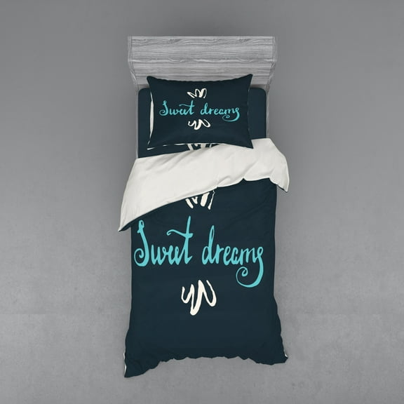 Ambesonne Saying Bedding Set 3 Pcs, Modern Floral, Twin, Pale Blue Dark Teal