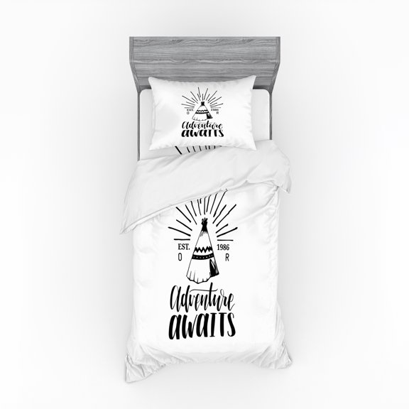 Ambesonne Saying Bedding Set 3 Pcs, Monotone Tent and Lettering, Twin XL, White Black