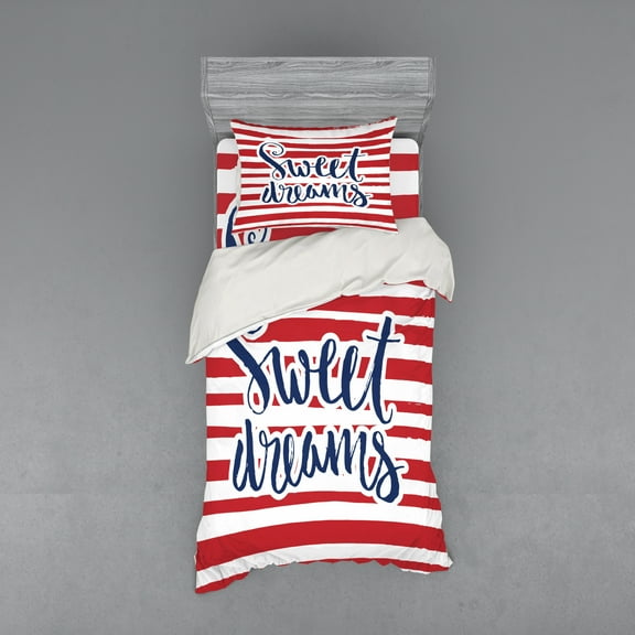 Ambesonne Saying Bedding Set 3 Pcs, Nautical Striped, Twin, Red Navy Blue and White