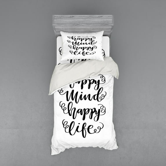 Ambesonne Saying Bedding Set 3 Pcs, Positive Happy Mind and Life, Twin XL, Charcoal Grey and White