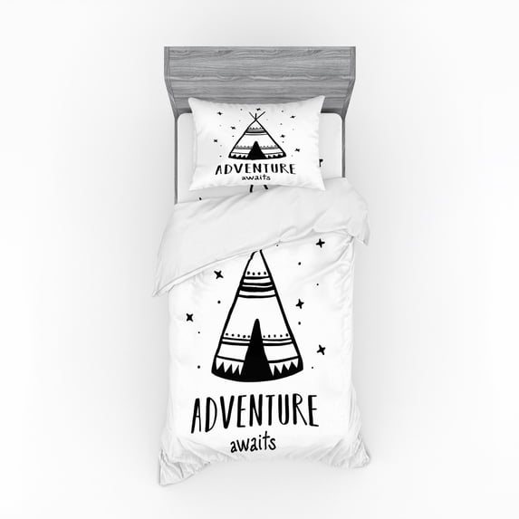 Ambesonne Saying Bedding Set 3 Pcs, Stars Tent Doodle and Words, Twin, White and Black
