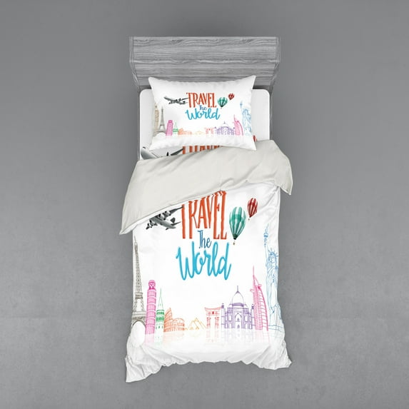 Ambesonne Saying Bedding Set 3 Pcs, Travel World Lettering, Twin XL, Multicolor