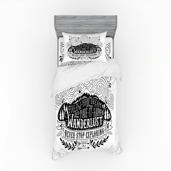 Ambesonne Saying Bedding Set 3 Pcs, Wanderlust Follow Dreams, Twin XL, Black and White