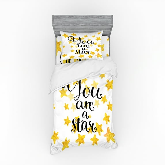 Ambesonne Saying Bedding Set 3 Pcs, Watercolor Stars Modern, Twin, Black Yellow and White
