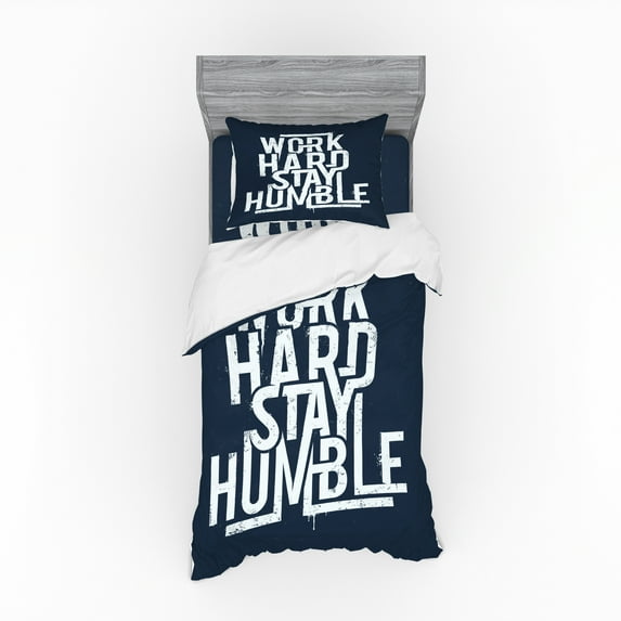 Ambesonne Saying Bedding Set 3 Pcs, Work Hard Stay Humble, Twin XL, White and Night Blue