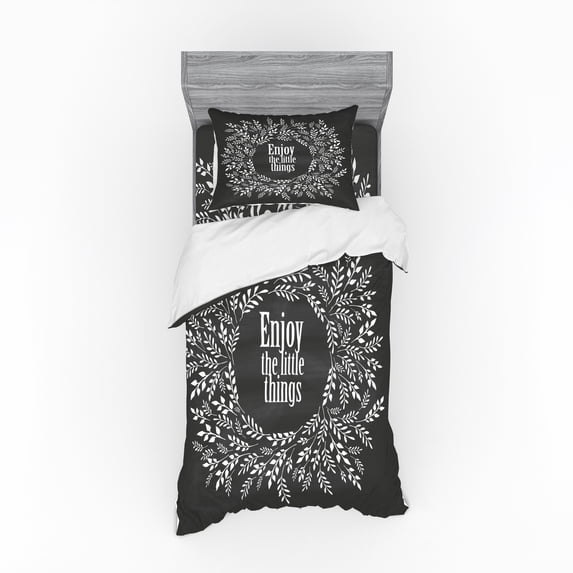 Ambesonne Saying Bedding Set 3 Pcs, Wreath with a Phrase, Twin, Charcoal Grey and White