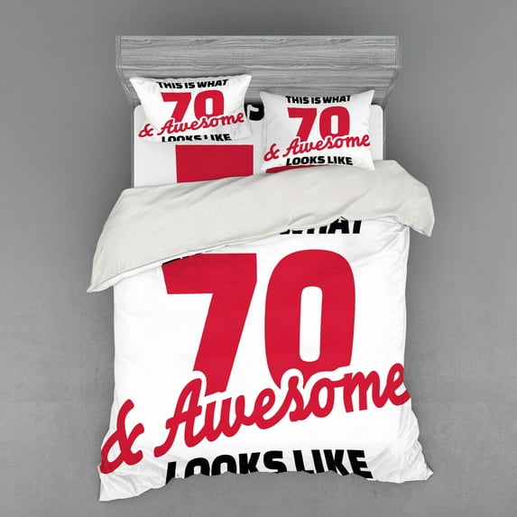 Ambesonne Saying Bedding Set 4 Pcs, 70 Years Lettering Party, Queen, Dark Coral White