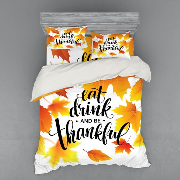 Ambesonne Saying Bedding Set 4 Pcs, Autumn Thanksgiving Text, Queen, Burnt Orange Orange