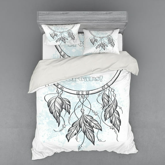Ambesonne Saying Bedding Set 4 Pcs, Doodle Aztec Motif, Queen, Grey and Pale Blue