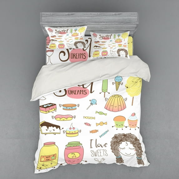 Ambesonne Saying Bedding Set 4 Pcs, Girl with Sweets, Queen, Multicolor