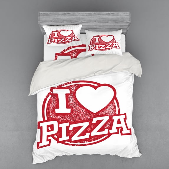 Ambesonne Saying Bedding Set 4 Pcs, Grunge Love Pizza Lettering, Queen, Vermilion and White