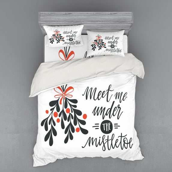 Ambesonne Saying Bedding Set 4 Pcs, Meet Me Under Mistletoe, Queen, Charcoal Grey Vermilion