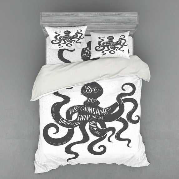 Ambesonne Saying Bedding Set 4 Pcs, Message on Octopus, Queen, Charcoal Grey White