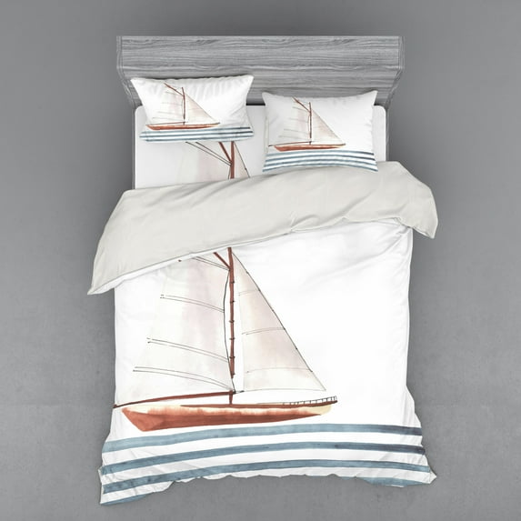 Ambesonne Saying Bedding Set 4 Pcs, Sailing Theme Boat Waves, Queen, Cinnamon Pale Blue