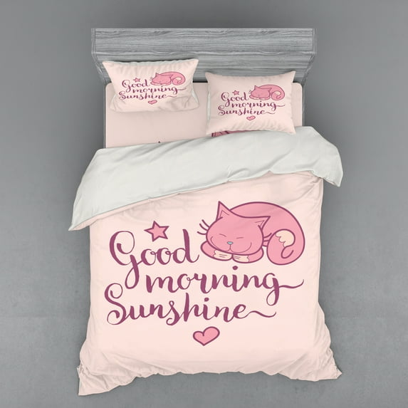 Ambesonne Saying Bedding Set 4 Pcs, Sleeping Pink Cat and Text, Queen, Peach Violet