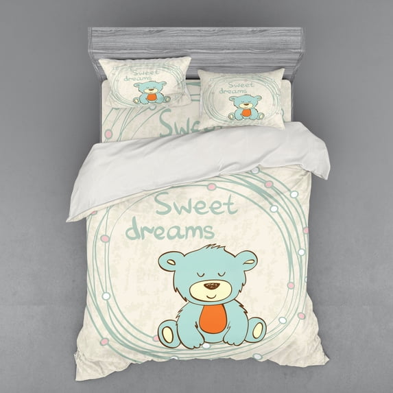 Ambesonne Saying Bedding Set 4 Pcs, Teddy Bear Sleep, Queen, Pale Blue Eggshell