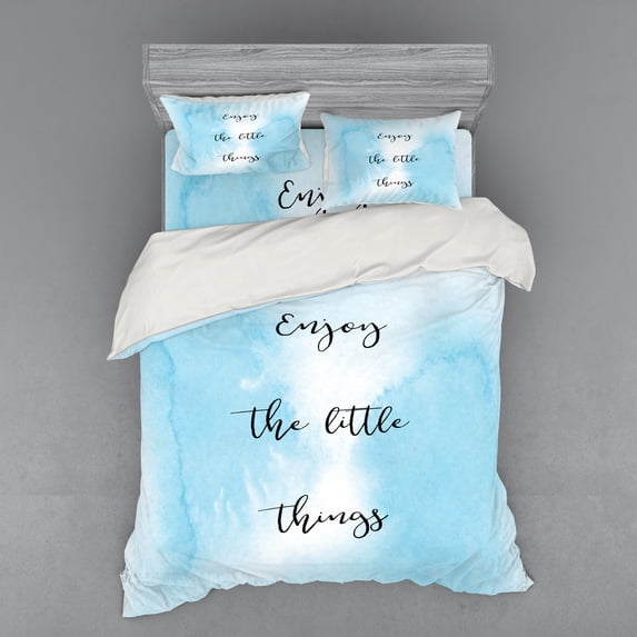 Ambesonne Saying Bedding Set 4 Pcs, Watercolor Ombre Design, Queen, Pale Blue Black