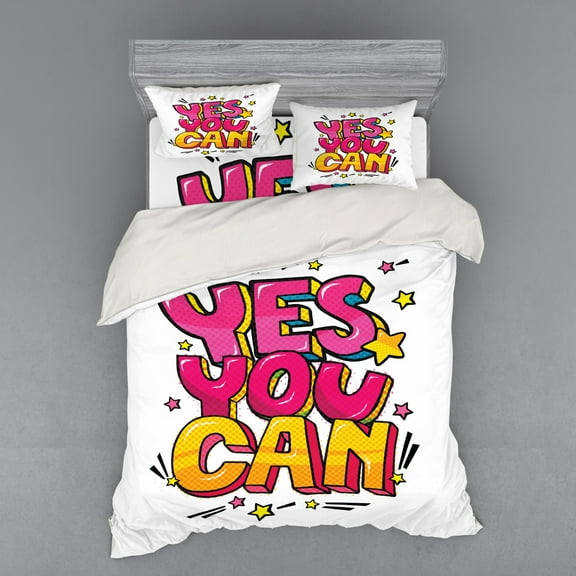 Ambesonne Saying Bedding Set 4 Pcs, Yes You Can Word Bubble, Queen, Hot Pink Yellow and Blue