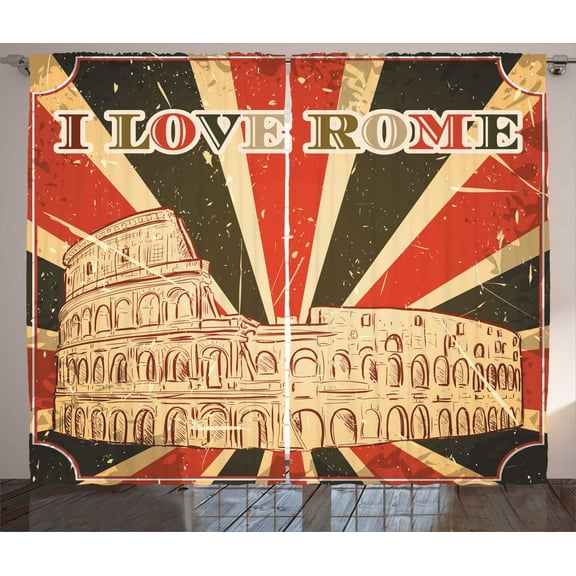 Ambesonne Saying Curtains 2 Panel Set, Italian Rome Lettering, 108" x 84", Red Dark Green and White