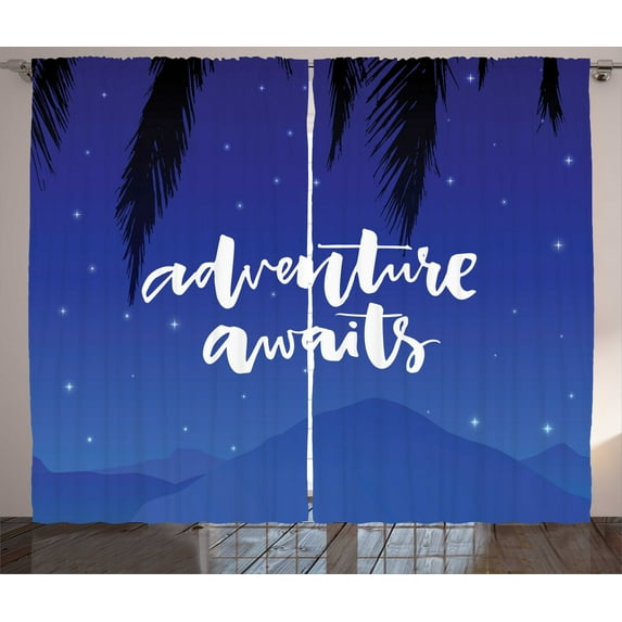 Ambesonne Saying Curtains 2 Panel Set, Stars Night Sky Palms Art, 108" x 63", Violet Blue and White