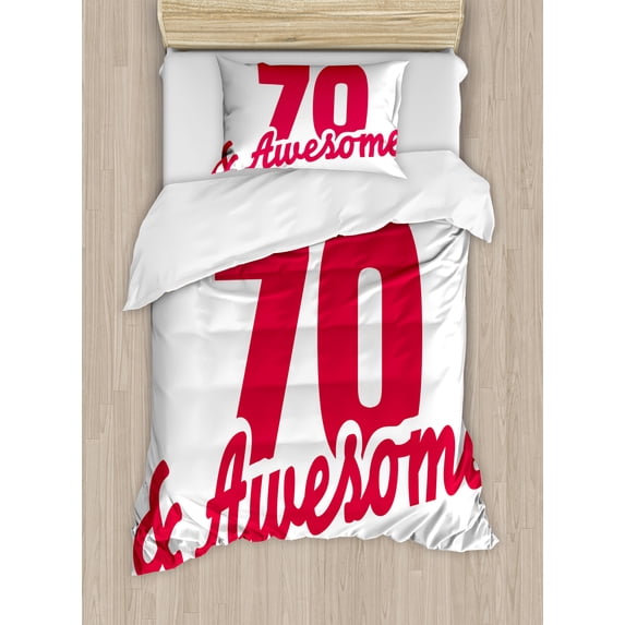 Ambesonne Saying Duvet Cover Set, 70 Years Lettering Party, Twin, Dark Coral White