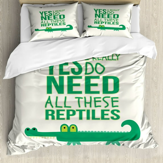 Ambesonne Saying Duvet Cover Set, Cold-blooded Alligator Art, 2-Calking, Green Ivory