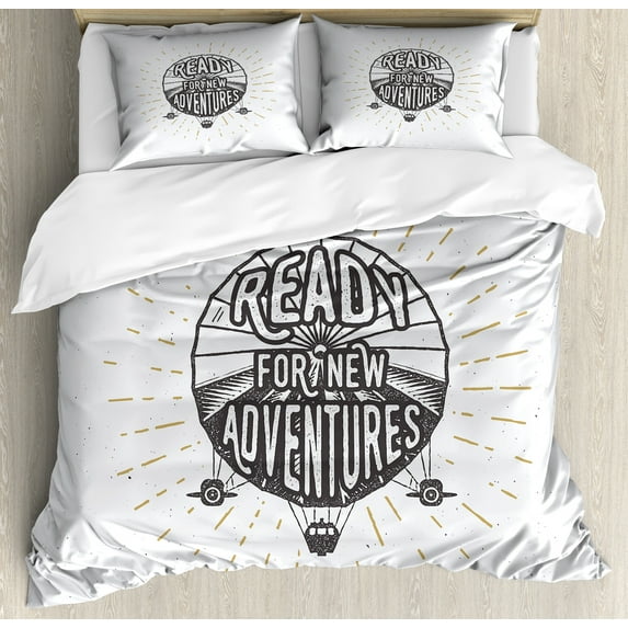 Ambesonne Saying Duvet Cover Set, Ready for Adventure Print, 2-Calking, Black and White