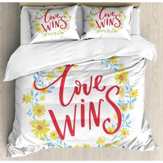 Ambesonne Saying Duvet Cover Sets, Love Wins Floral Wreath, 2-King, Red Yellow Sky Blue
