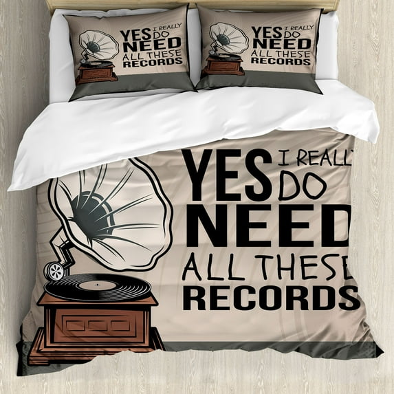 Ambesonne Saying Duvet Cover Sets, Records Collection Theme, 2-King, Warm Taupe