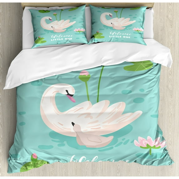 Ambesonne Saying Duvet Cover Sets, Swan Welcoming, 2-King, Lime Green Pale Eggshell