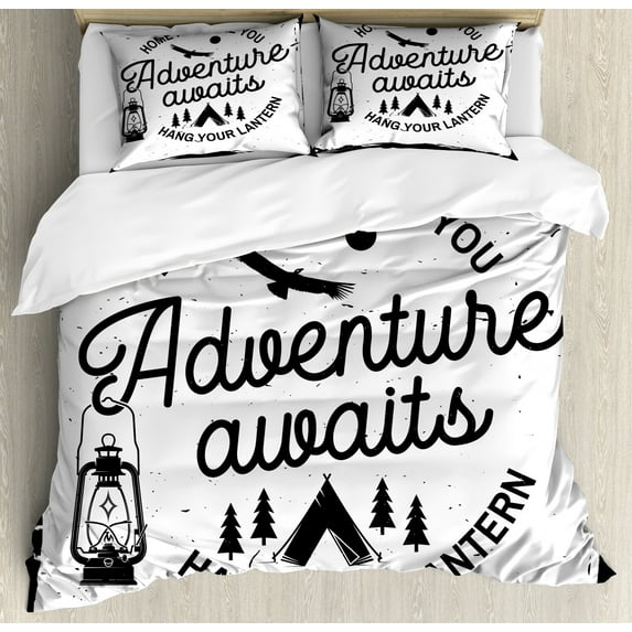 Ambesonne Saying Duvet Cover Sets, Tent and Trees Camping Text, 2-King, White and Dark Grey