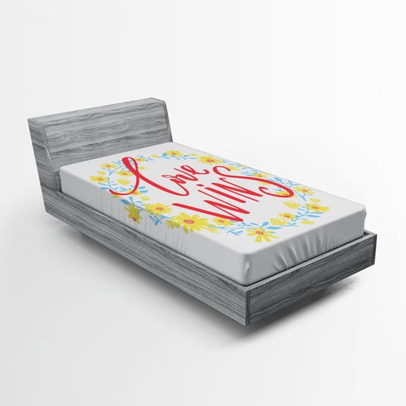 Ambesonne Saying Fitted Sheet, Love Wins Floral Wreath, Twin Size, Red Yellow Sky Blue