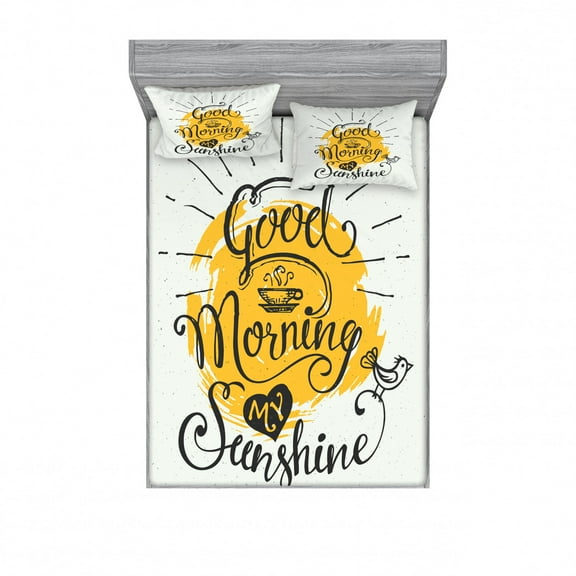 Ambesonne Saying Fitted Sheet & Pillow Sham Set, Birds and a Cup of Coffee, Queen, Mustard Coconut