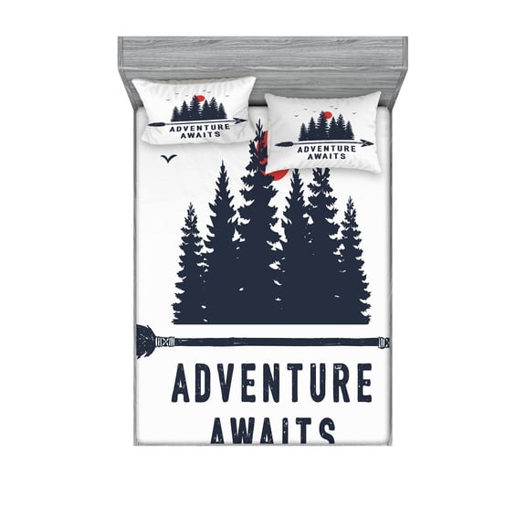 Ambesonne Saying Fitted Sheet & Pillow Sham Set, Calligraphy Trees and Sun, Queen, Dark Blue Grey and Vermilion