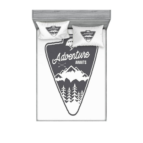 Ambesonne Saying Fitted Sheet & Pillow Sham Set, Camping and Hiking Design, Full, White and Grey