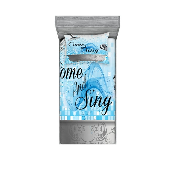 Ambesonne Saying Fitted Sheet & Pillow Sham Set, Come and Sing Message, Twin, Pale Blue White