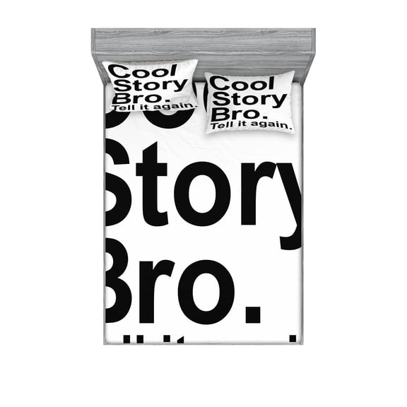 Ambesonne Saying Fitted Sheet & Pillow Sham Set, Cool Story Bro Hipster, Queen, Black and White