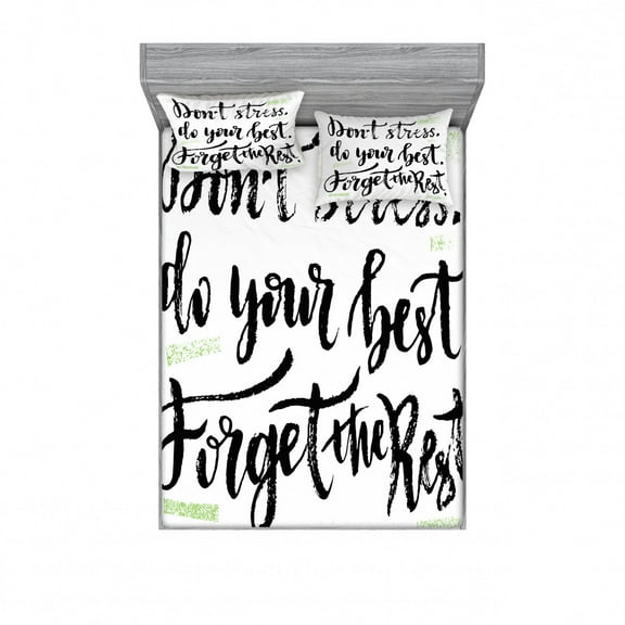 Ambesonne Saying Fitted Sheet & Pillow Sham Set, Do Not Stress Do Your Best, Queen, Pale Green Black White