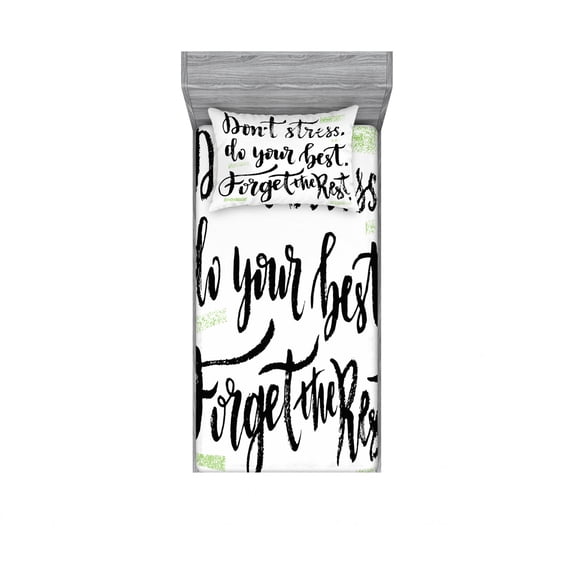 Ambesonne Saying Fitted Sheet & Pillow Sham Set, Do Not Stress Do Your Best, Twin, Pale Green Black White