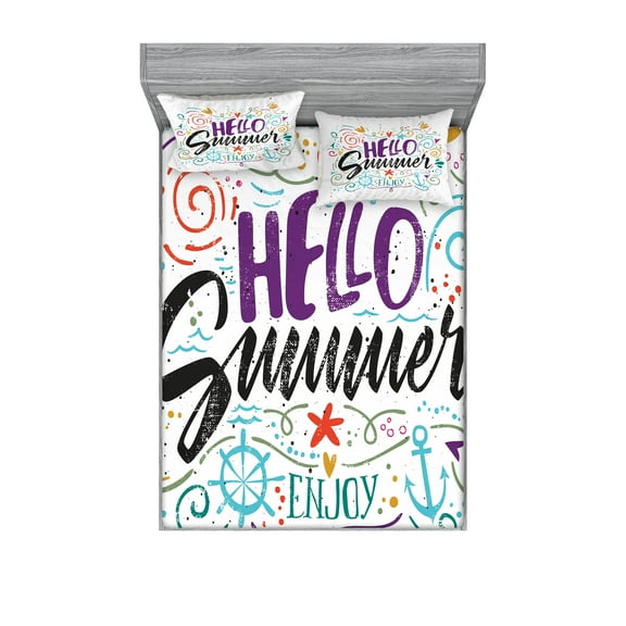 Ambesonne Saying Fitted Sheet & Pillow Sham Set, Enjoy Words with Hearts, Queen, Multicolor