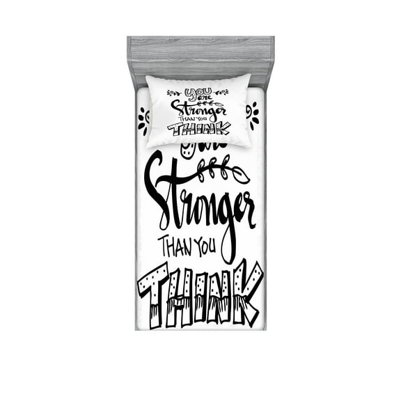 Ambesonne Saying Fitted Sheet & Pillow Sham Set, Floral Phrase, Twinxl, Black and White