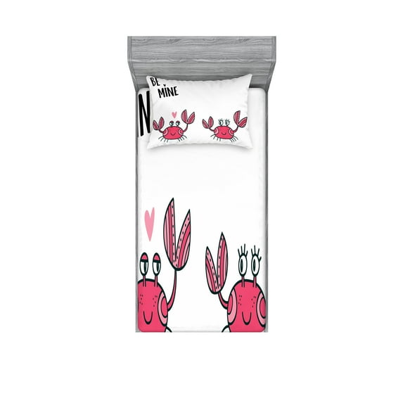 Ambesonne Saying Fitted Sheet & Pillow Sham Set, Funky Crab Couple and Heart, Twinxl, Magenta Pale Pink Black