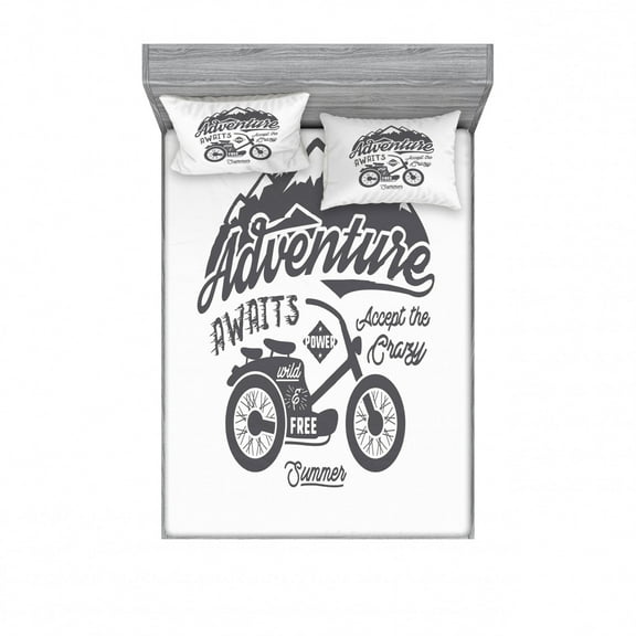 Ambesonne Saying Fitted Sheet & Pillow Sham Set, Greyscale Mountains Bike, Full, White and Grey